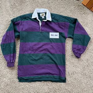 VTG 90s Field Gear Rugby Polo Shirt Green Purple Stripe Heavy Cotton S